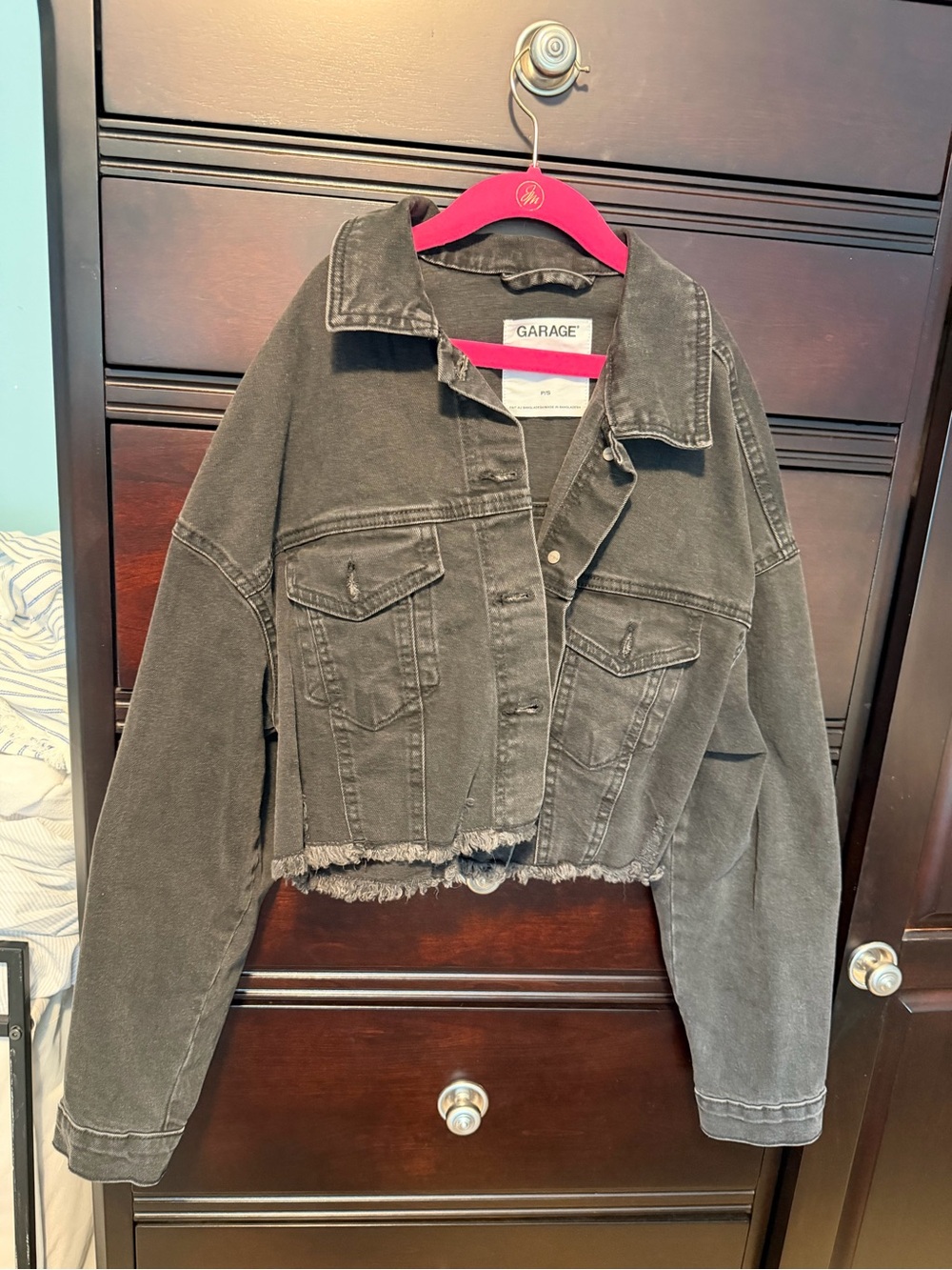 Garage Black Denim Jacket with Raw Hem Size P/S